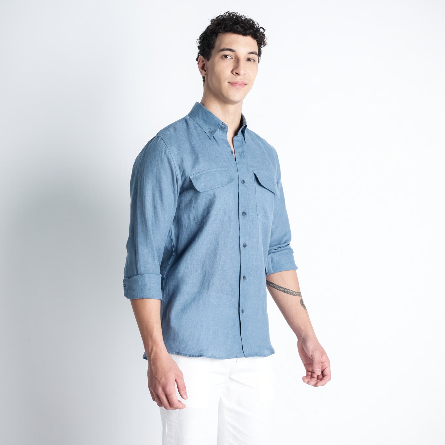 Texas – Classic American Double Pocket Linen Shirt – Steel Blue