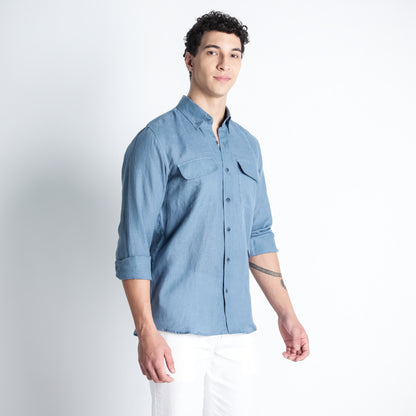 Texas – Classic American Double Pocket Linen Shirt – Steel Blue