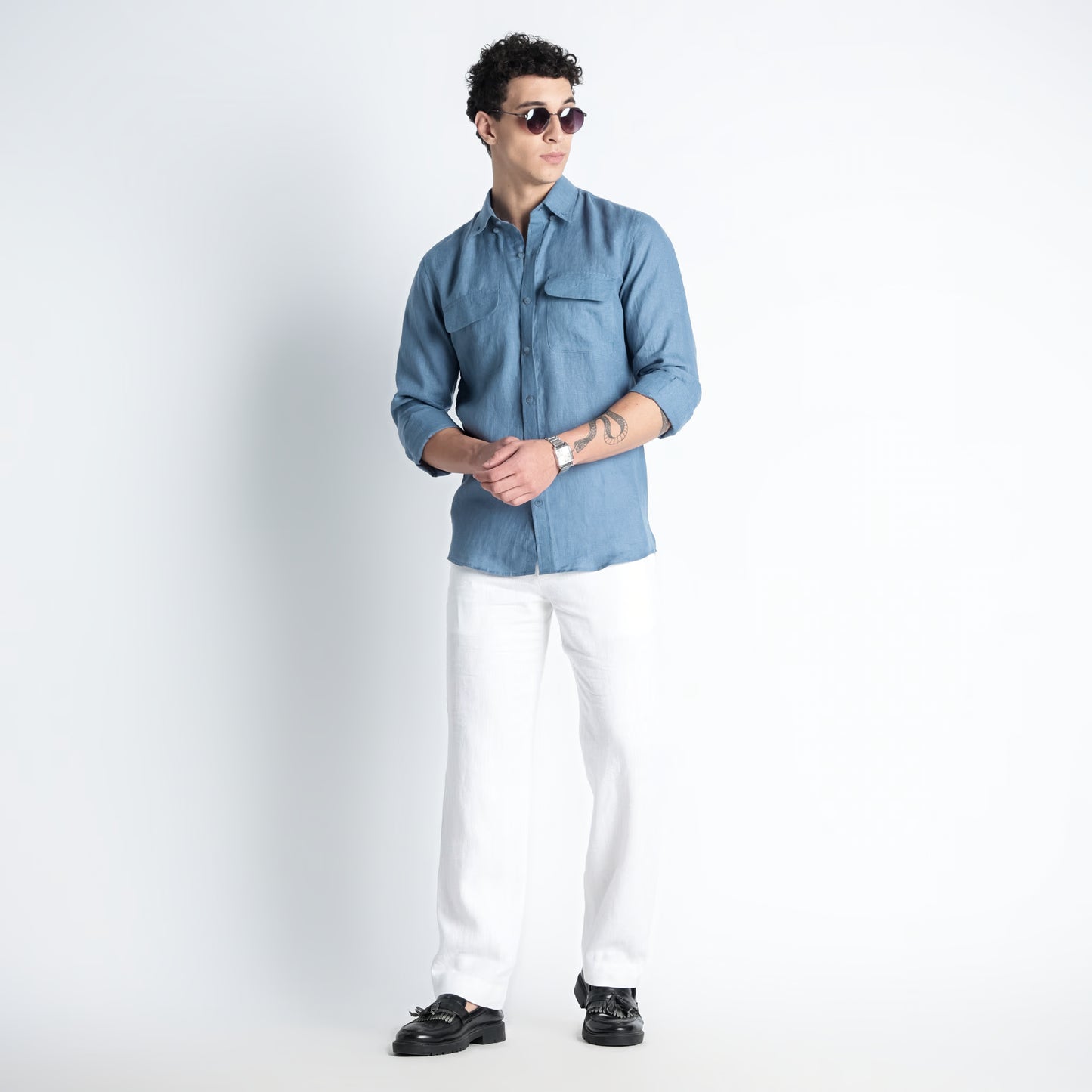 Texas – Classic American Double Pocket Linen Shirt – Steel Blue
