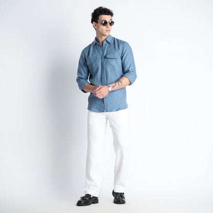 Texas – Classic American Double Pocket Linen Shirt – Steel Blue