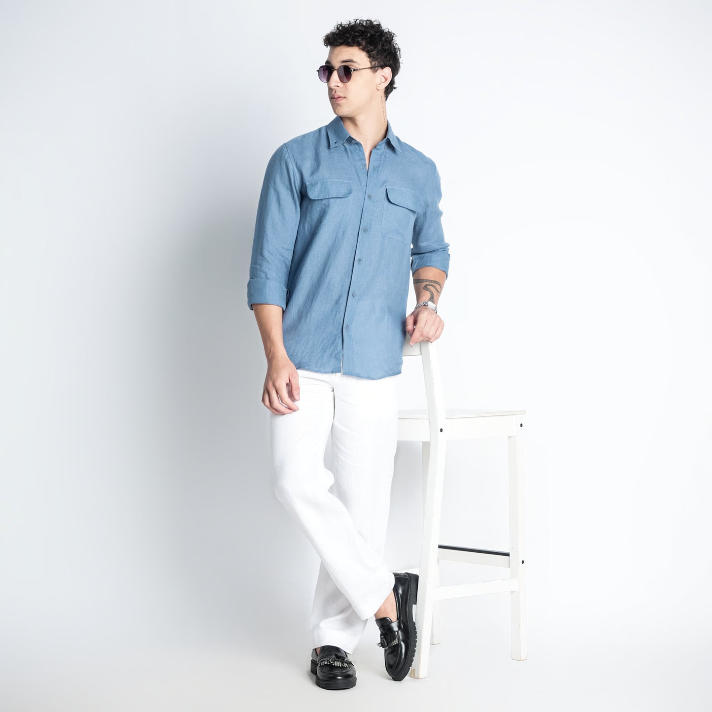 Texas – Classic American Double Pocket Linen Shirt – Steel Blue