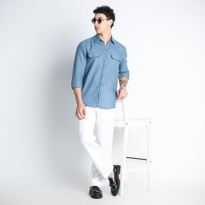 Texas – Classic American Double Pocket Linen Shirt – Steel Blue