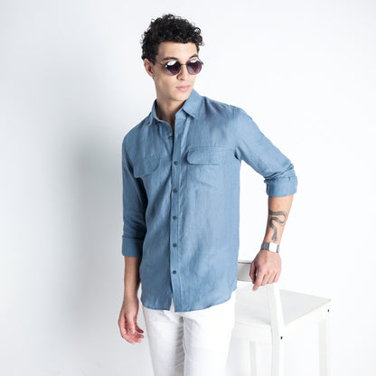 Texas – Classic American Double Pocket Linen Shirt – Steel Blue