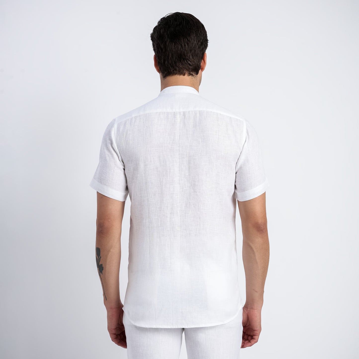 Linho – Luxury Band Collar Concealed Placket 100% Pure Linen Shirt – Blanc