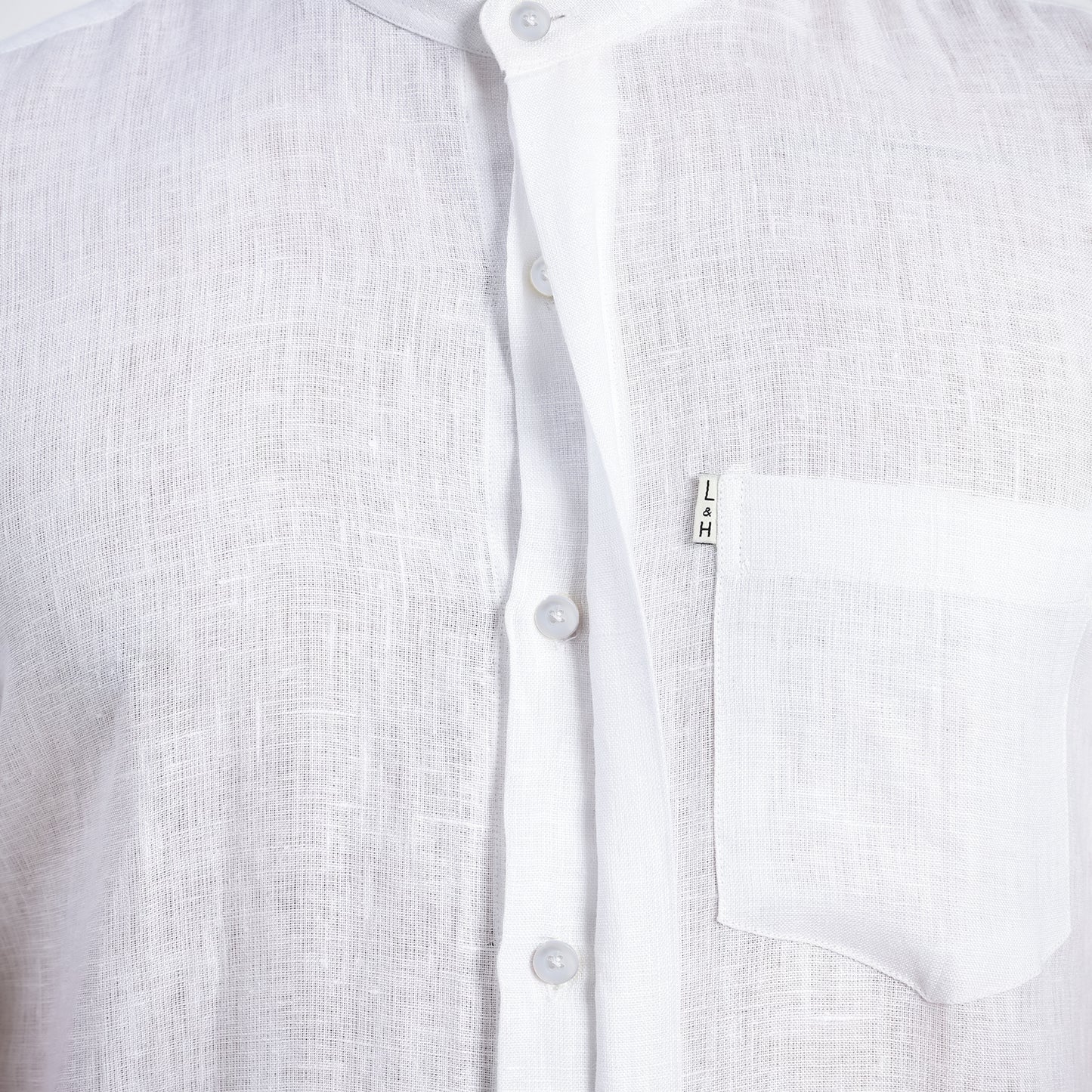 Linho – Luxury Band Collar Concealed Placket 100% Pure Linen Shirt – Blanc