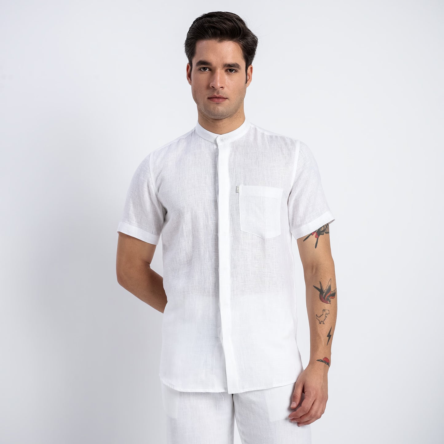 Linho – Luxury Band Collar Concealed Placket 100% Pure Linen Shirt – Blanc