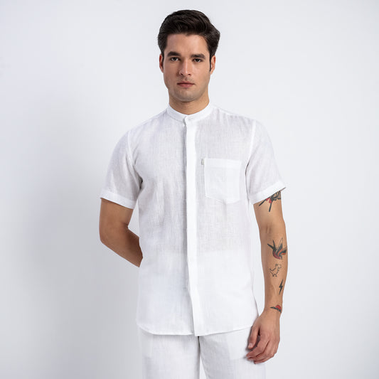 Linho – Luxury Band Collar Concealed Placket 100% Pure Linen Shirt – Blanc