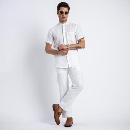Linho – Luxury Band Collar Concealed Placket 100% Pure Linen Shirt – Blanc
