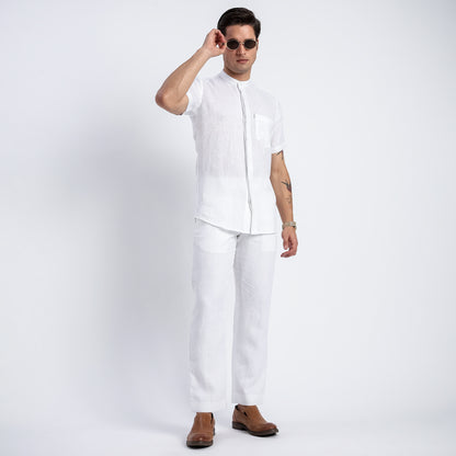 Linho – Luxury Band Collar Concealed Placket 100% Pure Linen Shirt – Blanc