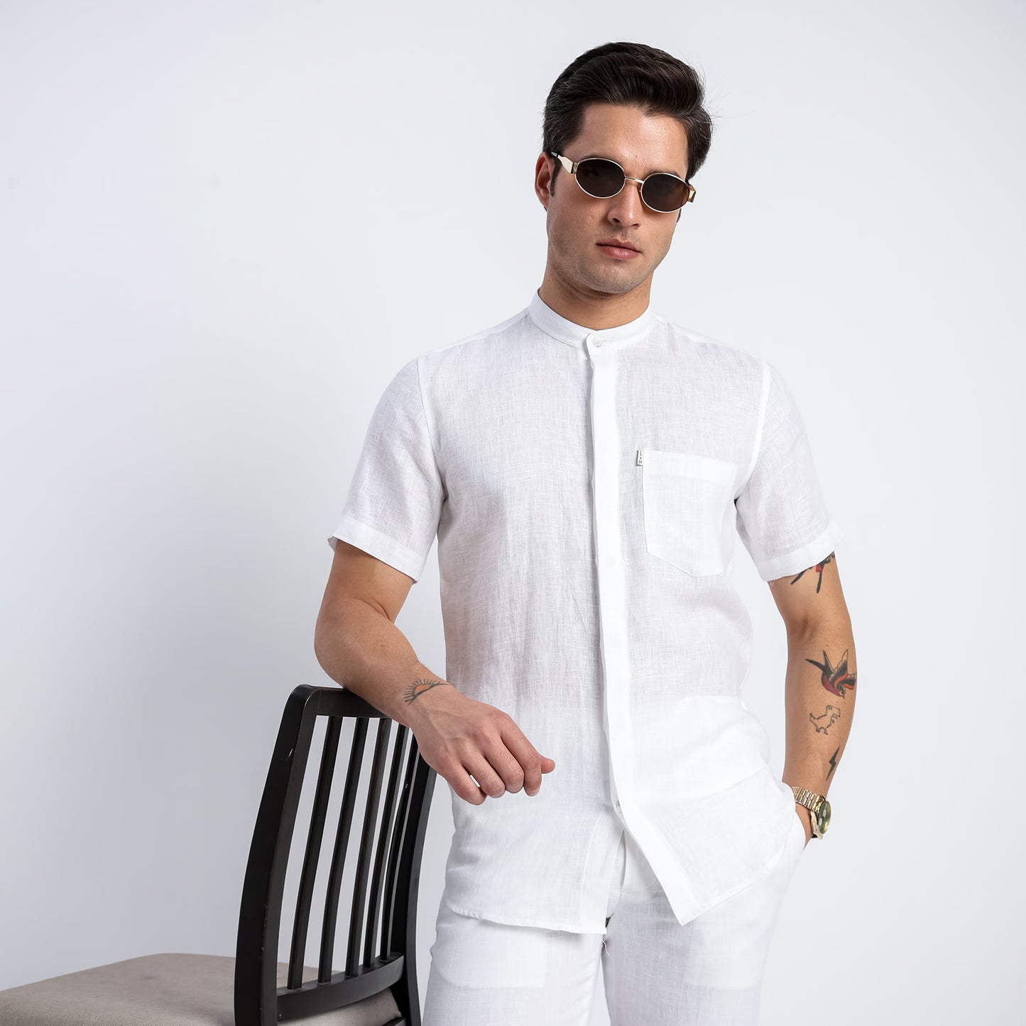 Linho – Luxury Band Collar Concealed Placket 100% Pure Linen Shirt – Blanc