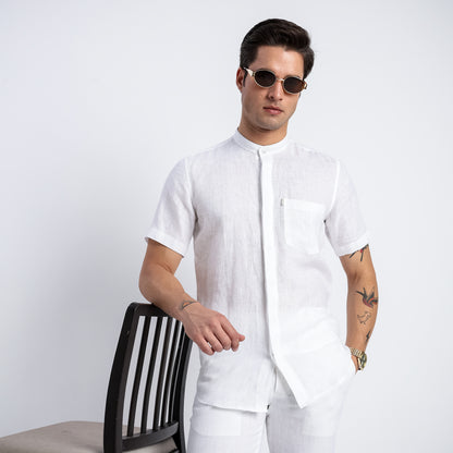 Linho – Luxury Band Collar Concealed Placket 100% Pure Linen Shirt – Blanc