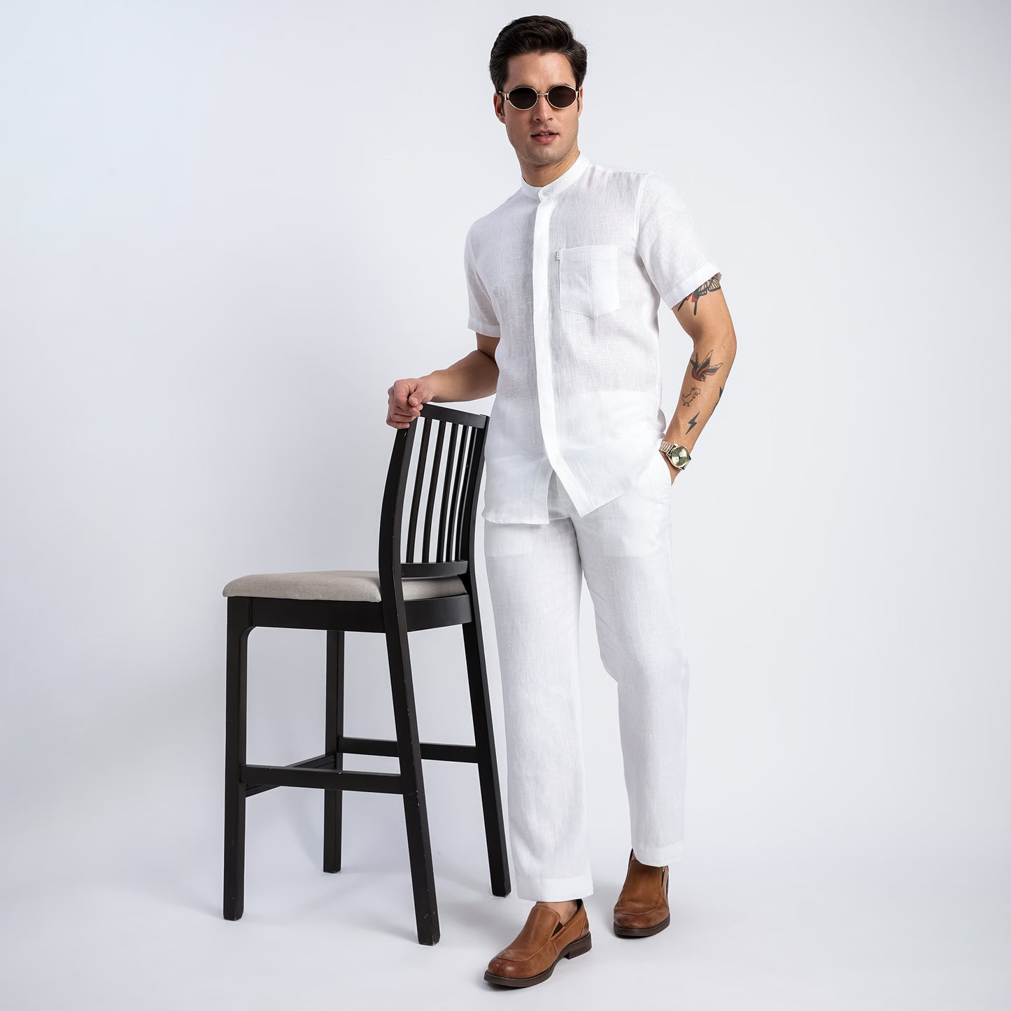 Linho – Luxury Band Collar Concealed Placket 100% Pure Linen Shirt – Blanc