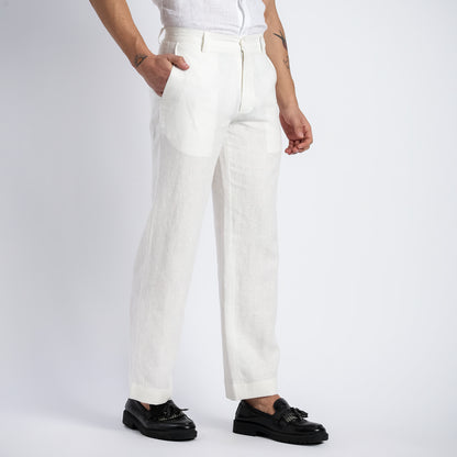 Beijing – Luxury Classic Straight Fit Pure Linen Trousers – Blanc