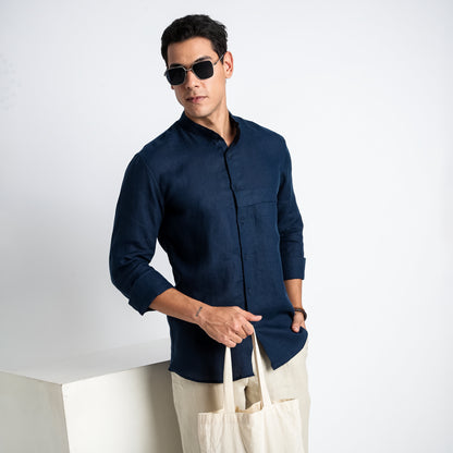 Odin - Korean Luxury Men's Band Collar Stylized Shirt - Indigo