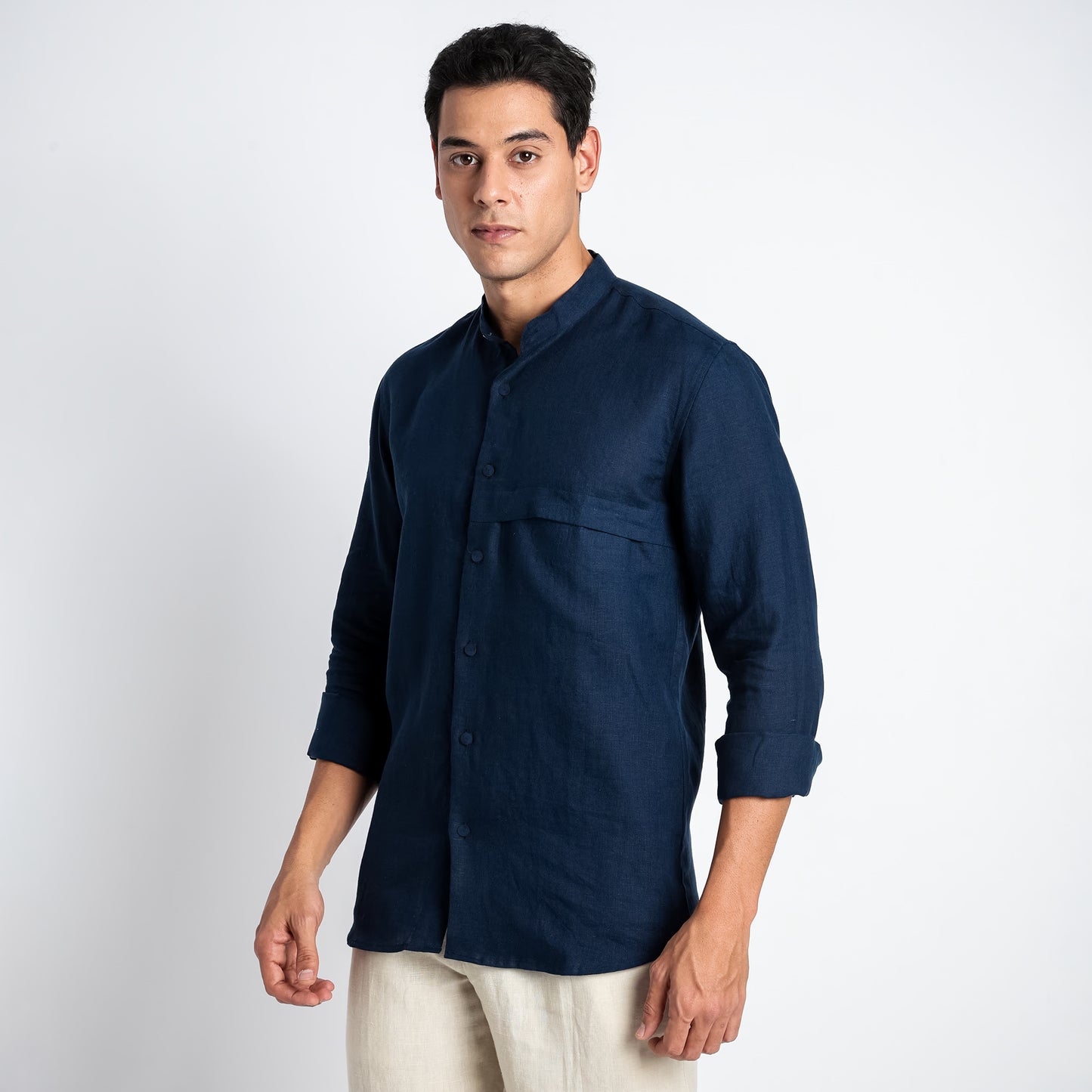 Odin - Korean Luxury Men's Band Collar Stylized Shirt - Indigo