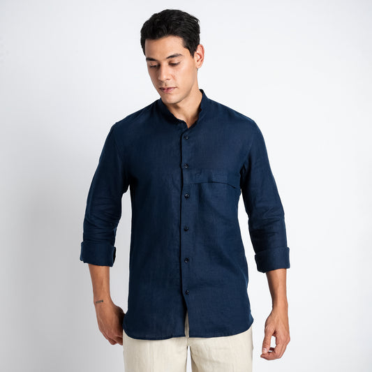 Odin - Korean Luxury Men's Band Collar Stylized Shirt - Indigo