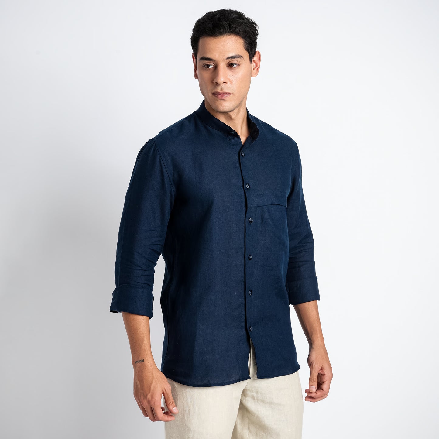 Odin - Korean Luxury Men's Band Collar Stylized Shirt - Indigo