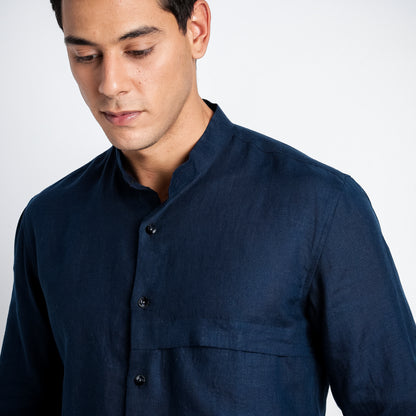 Odin - Korean Luxury Men's Band Collar Stylized Shirt - Indigo