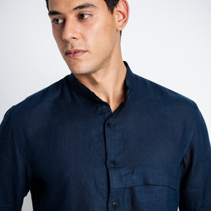 Odin - Korean Luxury Men's Band Collar Stylized Shirt - Indigo