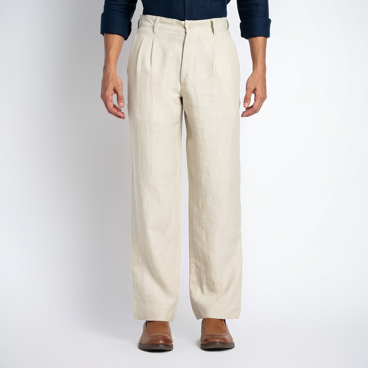 Busan – Luxury Pleated Straight Fit Pure Linen Trousers – Tuscany