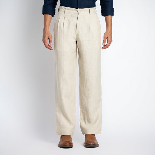 Busan – Luxury Pleated Straight Fit Pure Linen Trousers – Tuscany