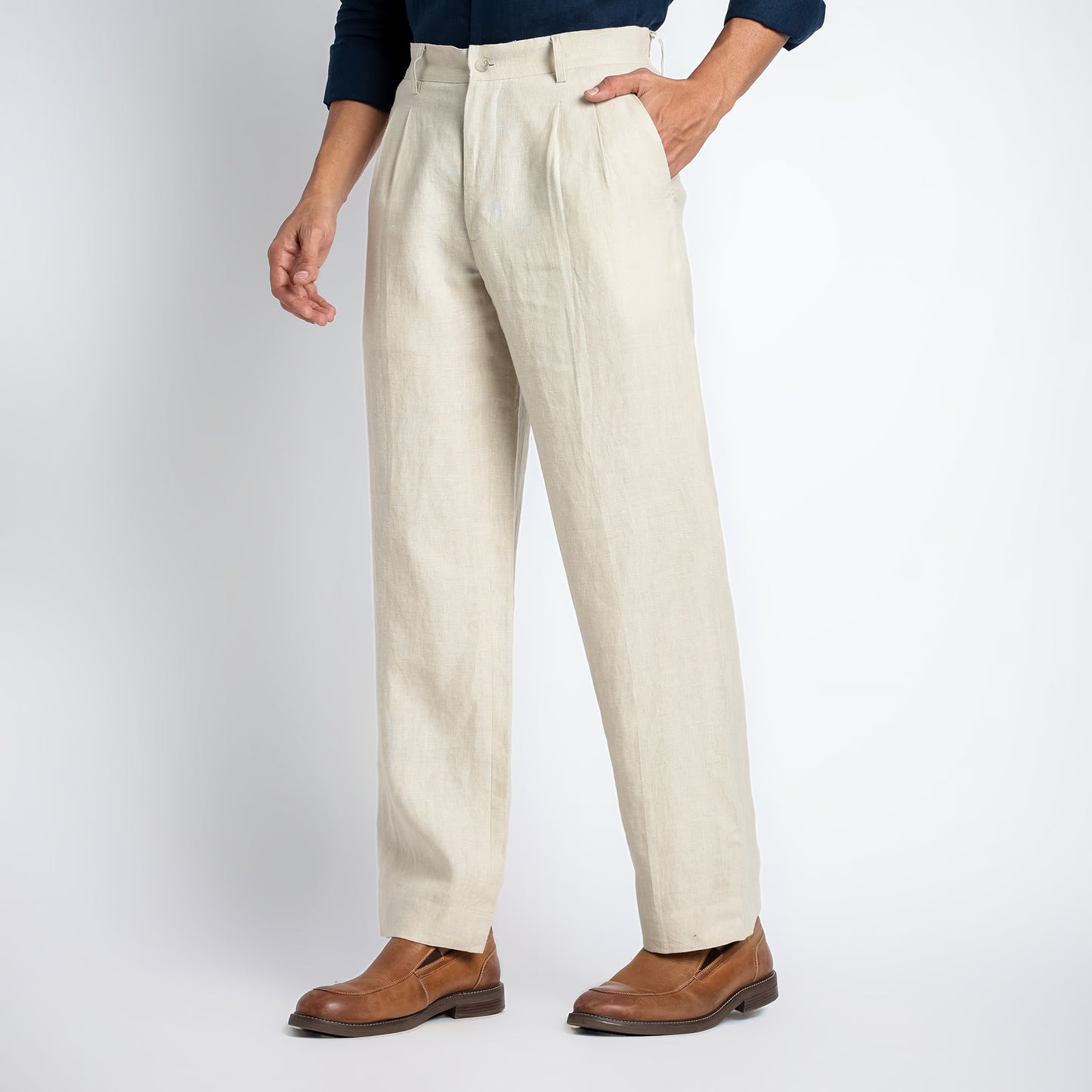 Busan – Luxury Pleated Straight Fit Pure Linen Trousers – Tuscany
