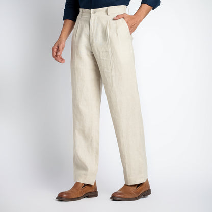 Busan – Luxury Pleated Straight Fit Pure Linen Trousers – Tuscany