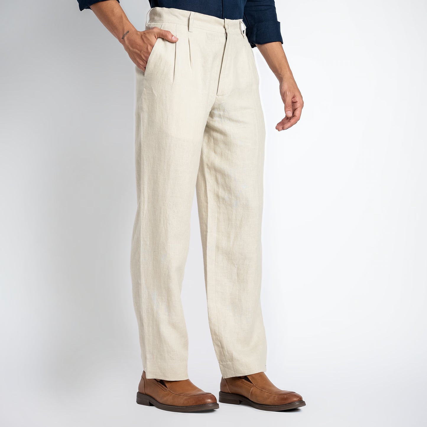 Busan – Luxury Pleated Straight Fit Pure Linen Trousers – Tuscany