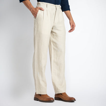 Busan – Luxury Pleated Straight Fit Pure Linen Trousers – Tuscany