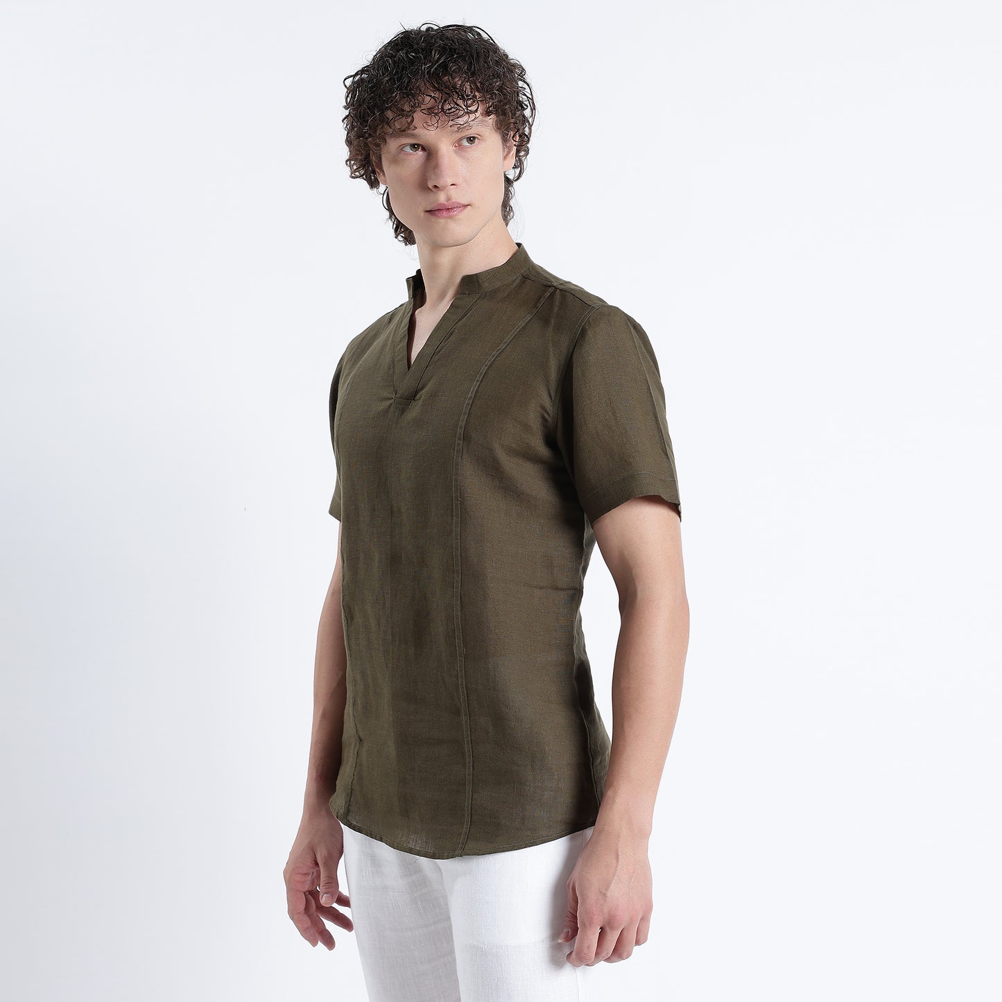 Tovi – Premium Linen V-Neck T-Shirt – Dark Olive