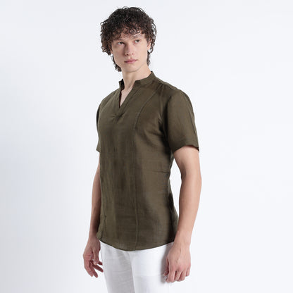 Tovi – Premium Linen V-Neck T-Shirt – Dark Olive