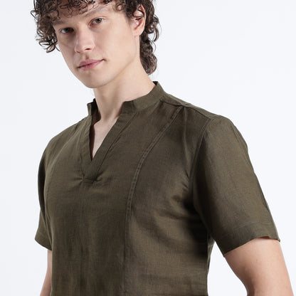 Tovi – Premium Linen V-Neck T-Shirt – Dark Olive