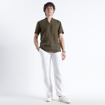 Tovi – Premium Linen V-Neck T-Shirt – Dark Olive