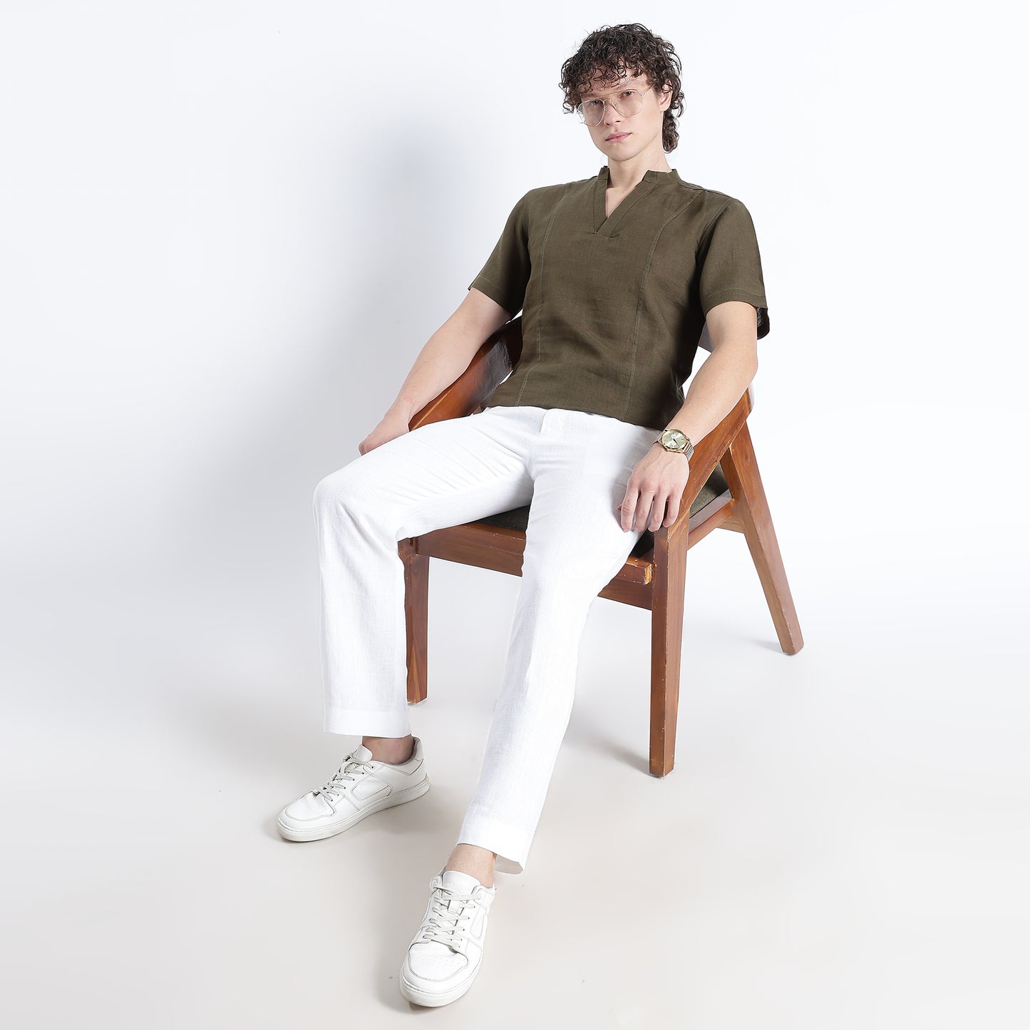 Tovi – Premium Linen V-Neck T-Shirt – Dark Olive