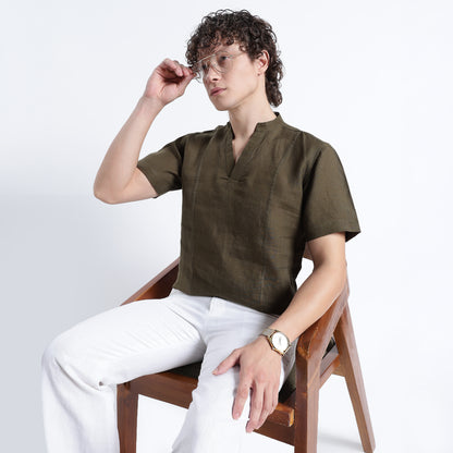 Tovi – Premium Linen V-Neck T-Shirt – Dark Olive