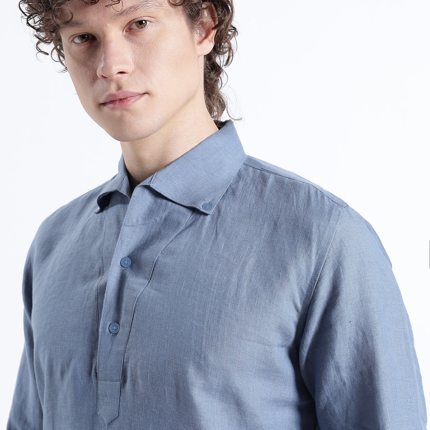 Zaffiro – Premium Half-Placket Linen Shirt – Steel Blue