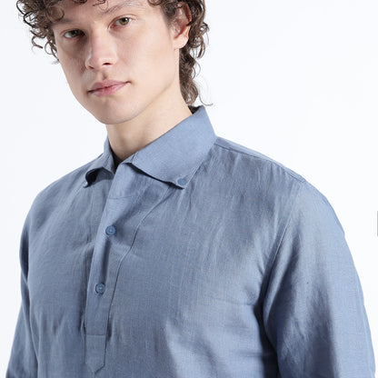 Zaffiro – Premium Half-Placket Linen Shirt – Steel Blue