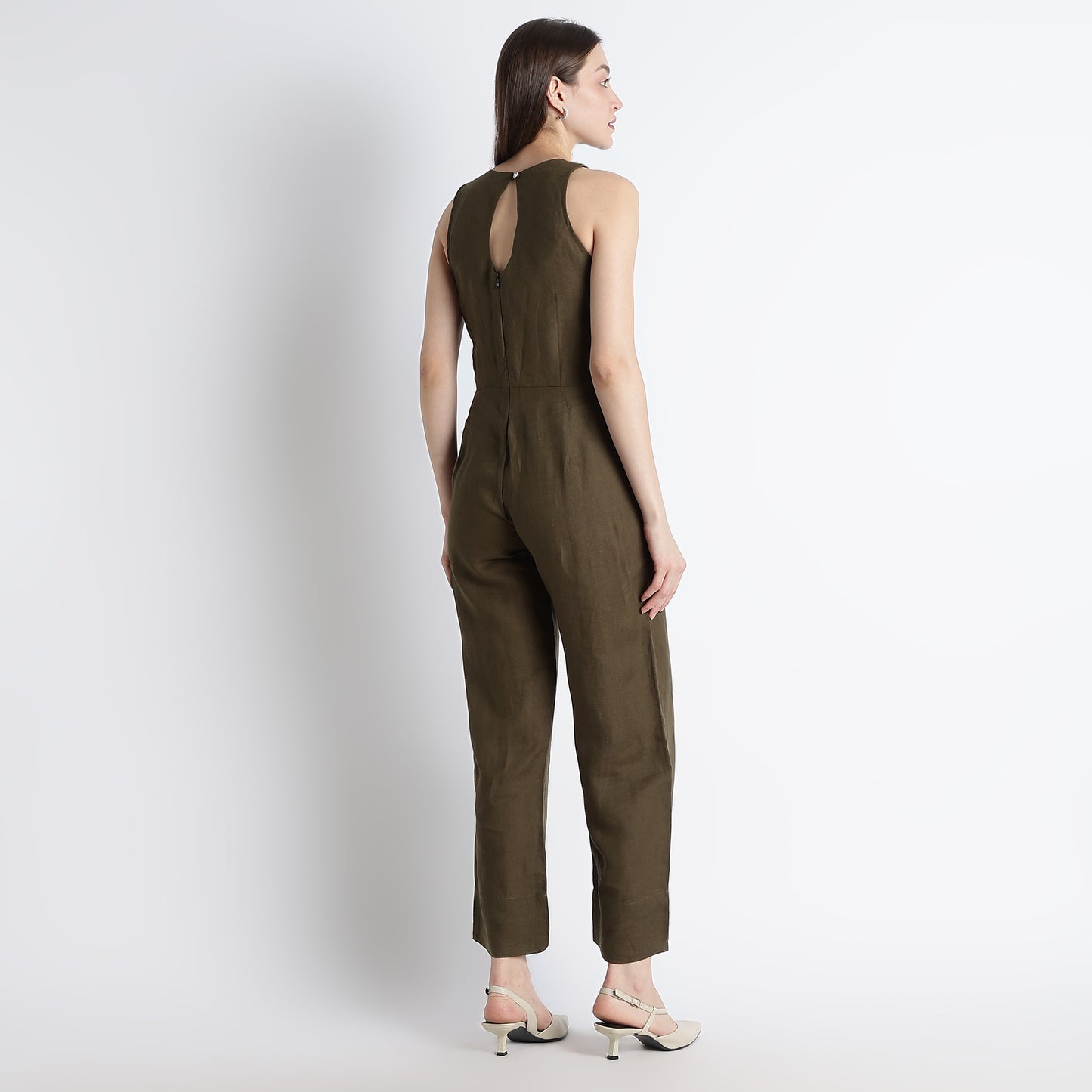 Velora – Sleeveless Wide-Leg Linen Jumpsuit – Dark Olive