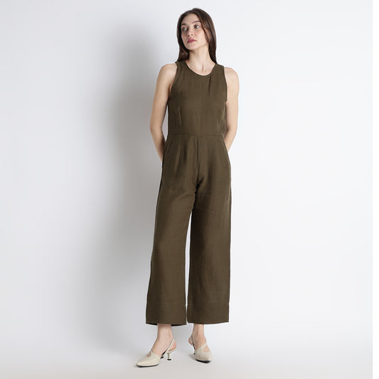 Velora – Sleeveless Wide-Leg Linen Jumpsuit – Dark Olive