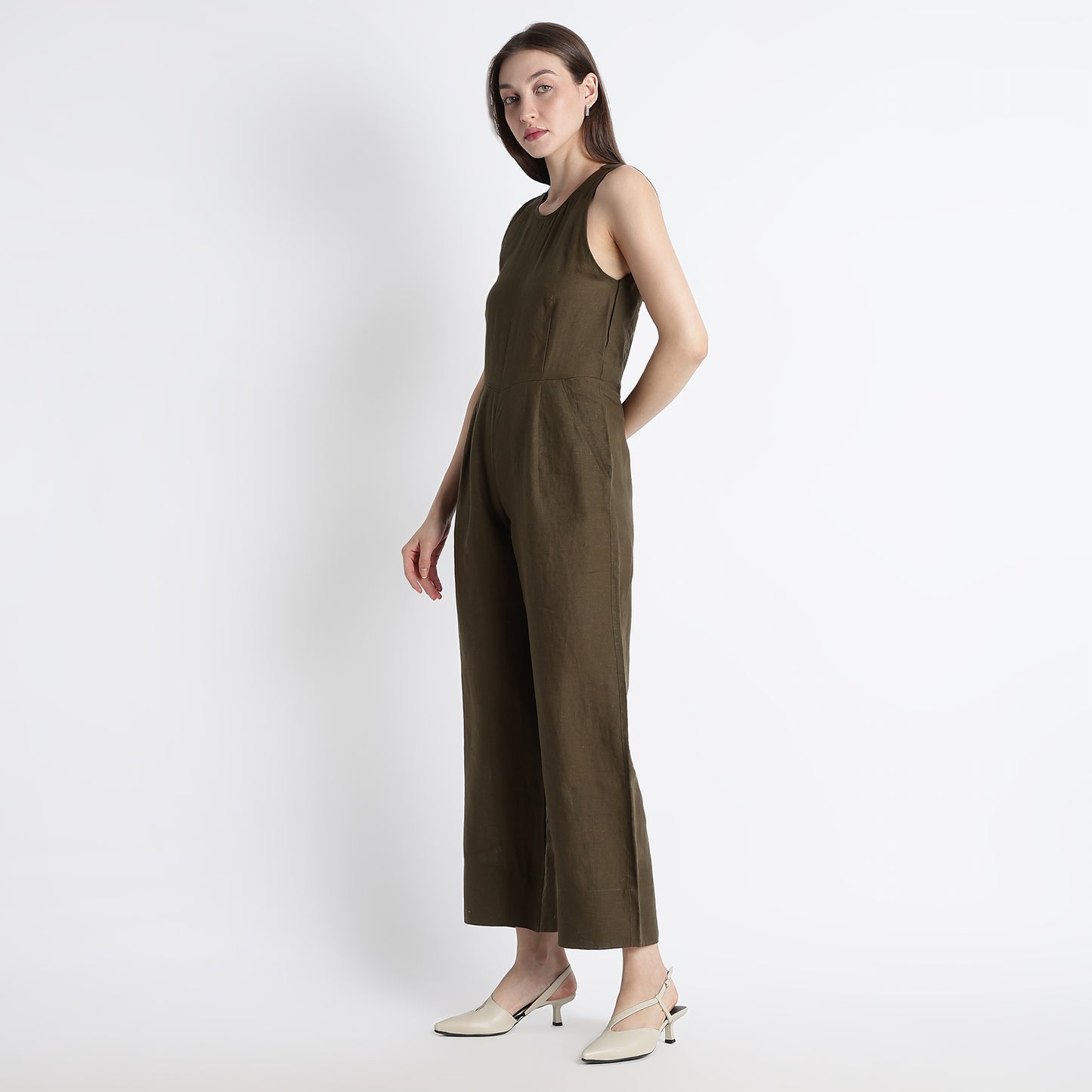 Velora – Sleeveless Wide-Leg Linen Jumpsuit – Dark Olive