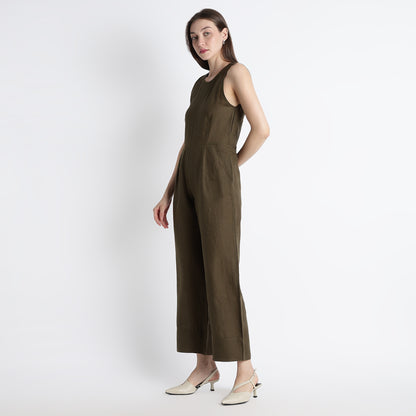 Velora – Sleeveless Wide-Leg Linen Jumpsuit – Dark Olive