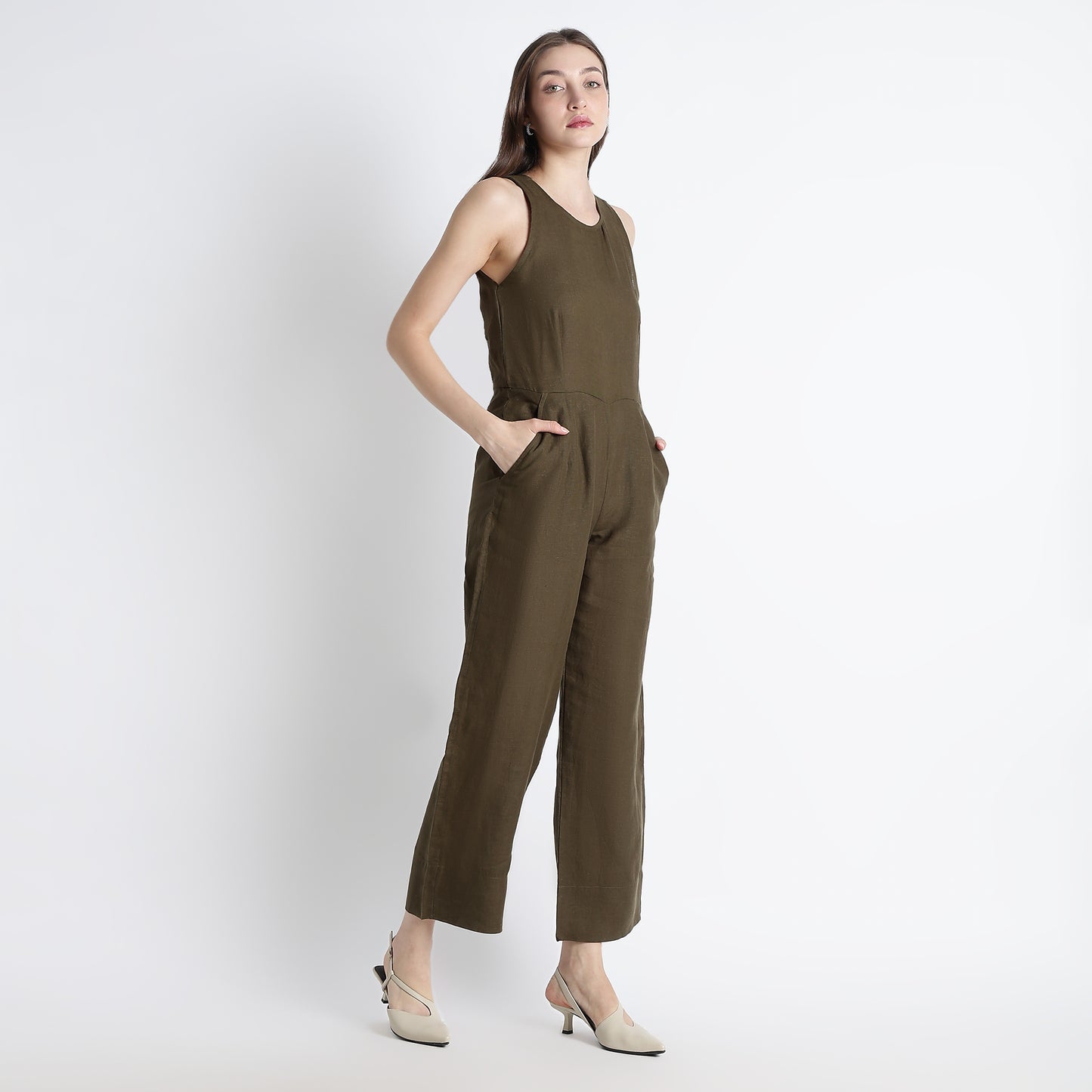 Velora – Sleeveless Wide-Leg Linen Jumpsuit – Dark Olive