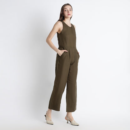 Velora – Sleeveless Wide-Leg Linen Jumpsuit – Dark Olive