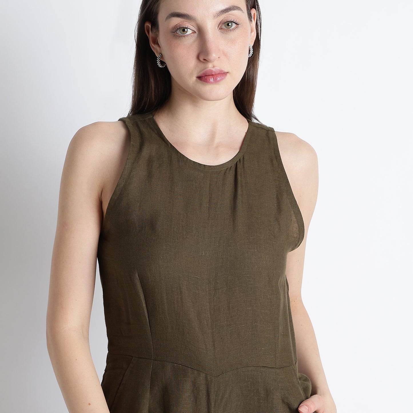 Velora – Sleeveless Wide-Leg Linen Jumpsuit – Dark Olive