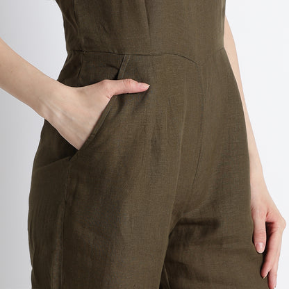Velora – Sleeveless Wide-Leg Linen Jumpsuit – Dark Olive