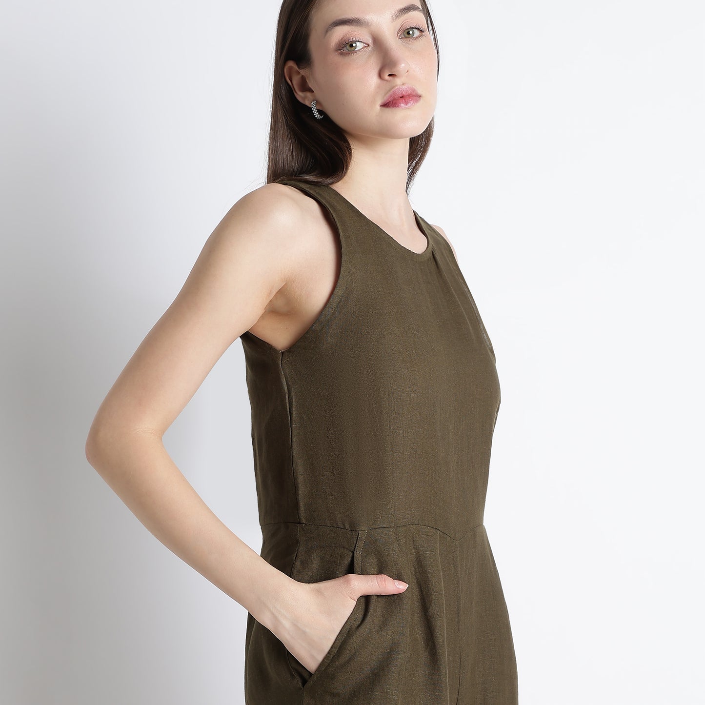 Velora – Sleeveless Wide-Leg Linen Jumpsuit – Dark Olive