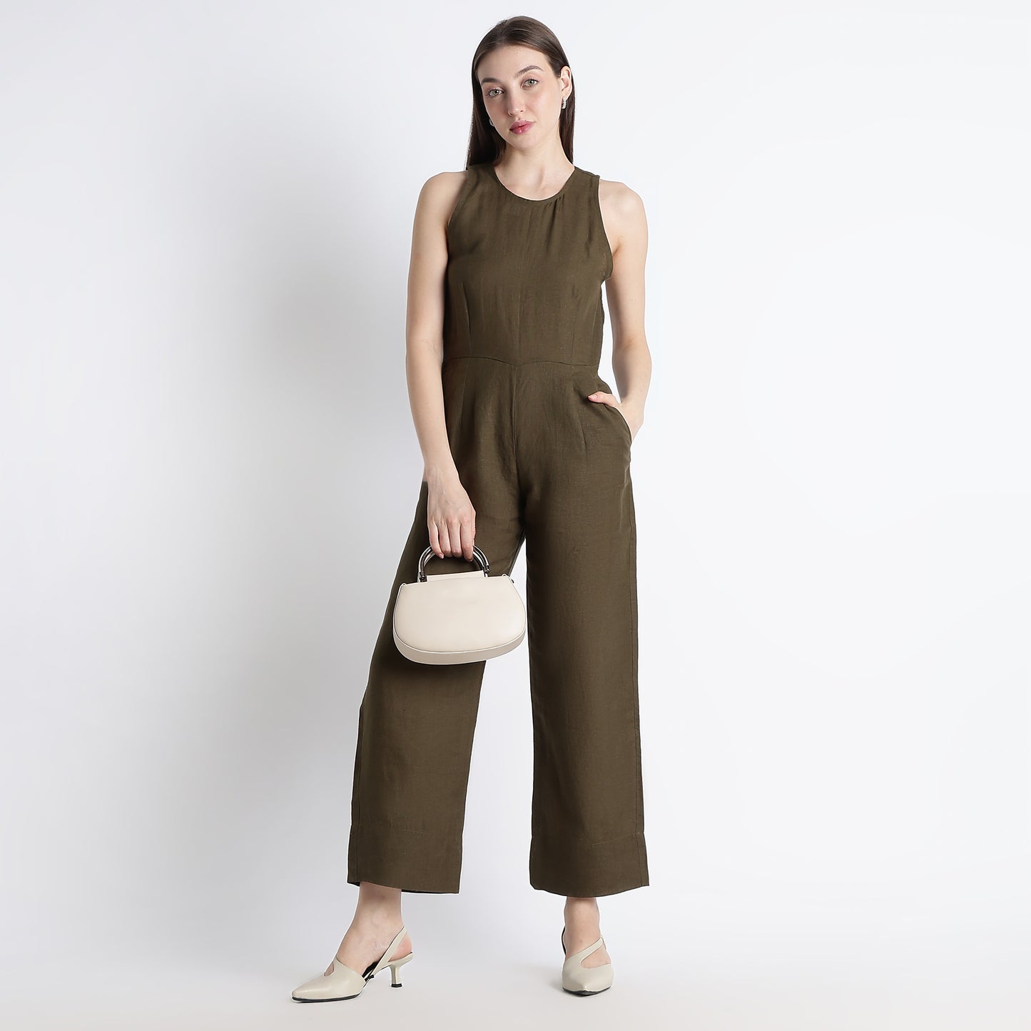 Velora – Sleeveless Wide-Leg Linen Jumpsuit – Dark Olive