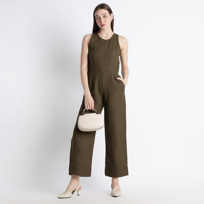 Velora – Sleeveless Wide-Leg Linen Jumpsuit – Dark Olive