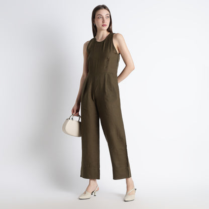 Velora – Sleeveless Wide-Leg Linen Jumpsuit – Dark Olive