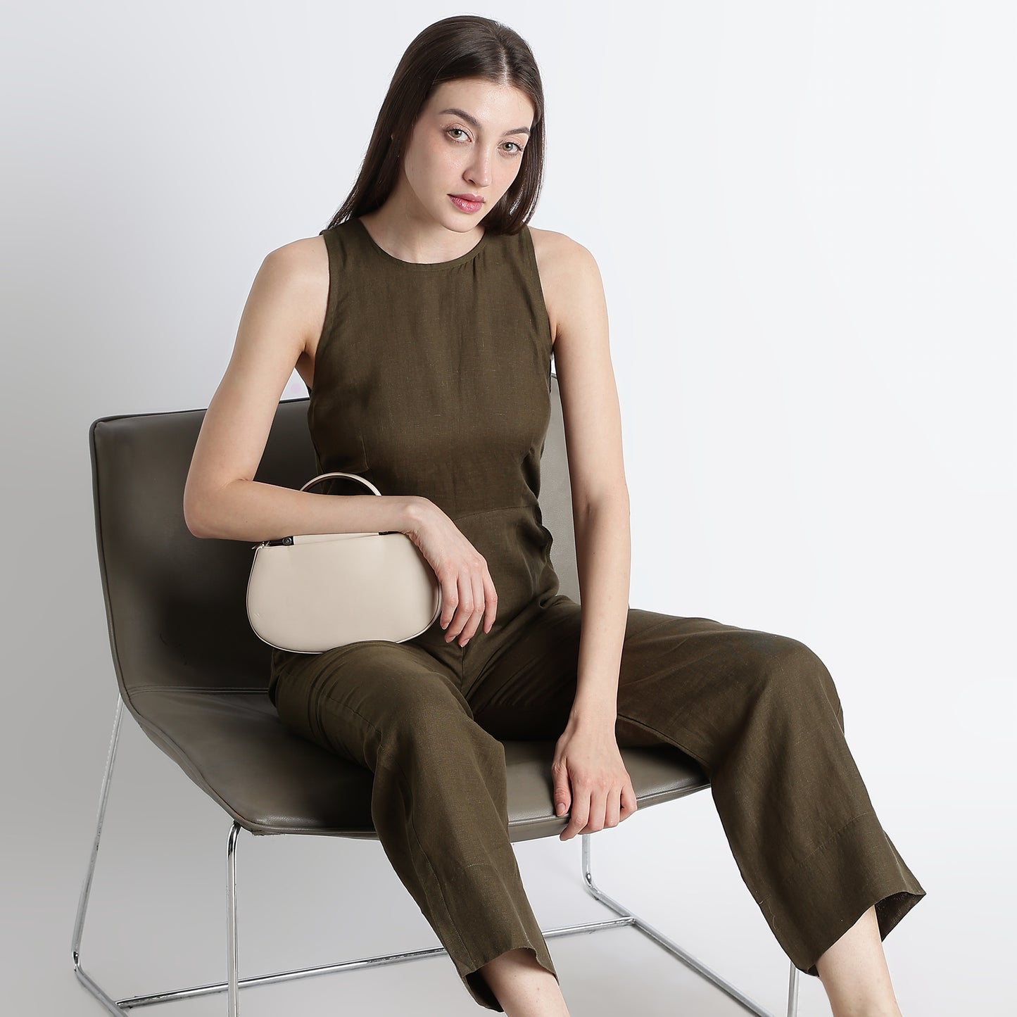 Velora – Sleeveless Wide-Leg Linen Jumpsuit – Dark Olive